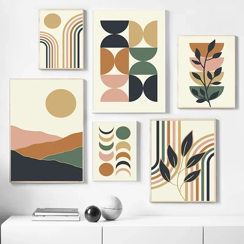 Mountain Sun Moon Rainbow Leaf Geometry Abstract Posters Prints Wall Art Canvas Painting Gallery Pictures For Living Room Dec
