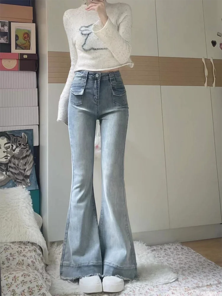 Slim Fit High Waist Denim Jeans Women's Micro Flared Jeans Elastic Wear Resistant Cotton Blend Long Pants Spring Autumn