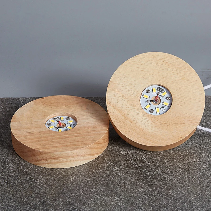 New 10cm Wood Light Base Rechargeable Wooden LED Light Rotating Display Stand Lamp Holder Lamp Base Art with Power adapter