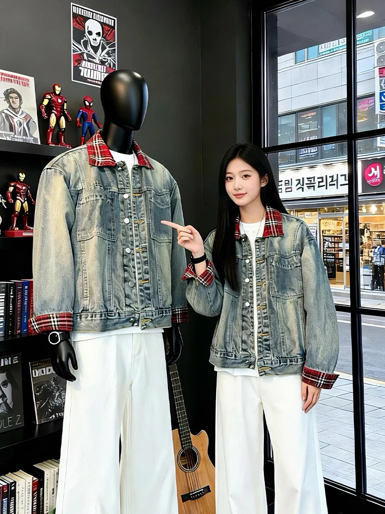 

Retro Waed Plaid Splicing Men's Denim Jaet Casual Sle Long Sve Workwear Jaet Wear Resistant Loose Fit Spring Jaet