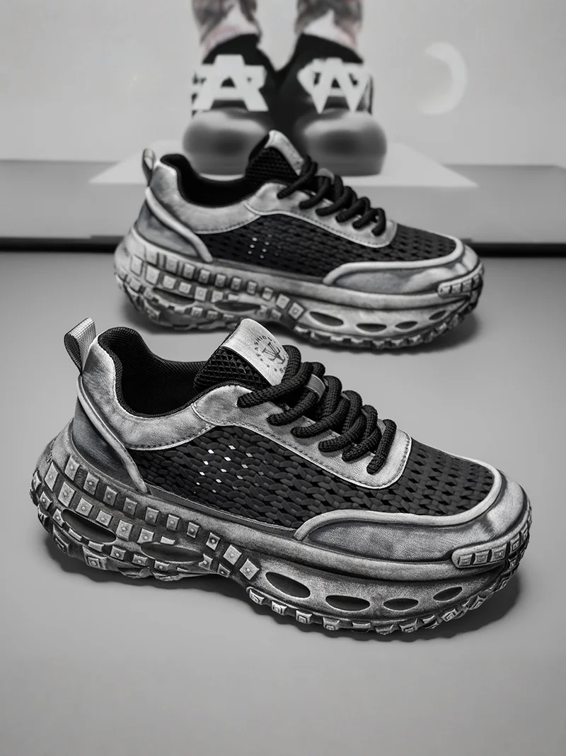 

Men's Casual Breathable Mesh Sneakers Spring Summer Trendy Woven Upper Tire Sole Heightening Dad Shoes Comfortable Sports