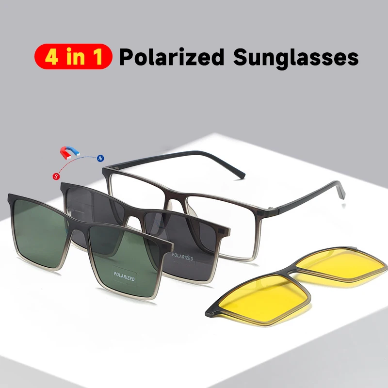

4 in 1 HD Polarized Sunglasses Men Square Uv400 Sun Glasses High Quality Eyewear Magnetic Sunglass Anti Blue Light Glasses