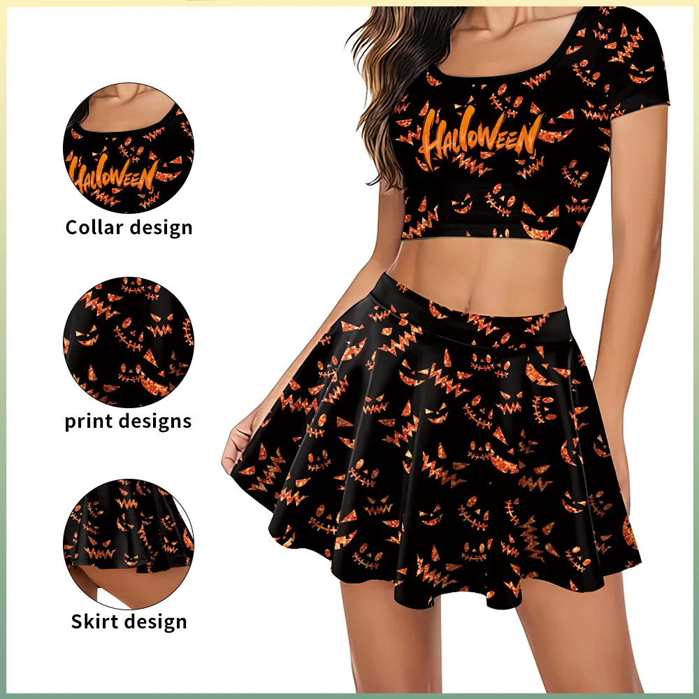 

Evil Pumpkin Halloween Print Dresses Woman Fashion Cosplay Costumes Skinny Tee Short Skirt Carnival Holiday Performance Outfits