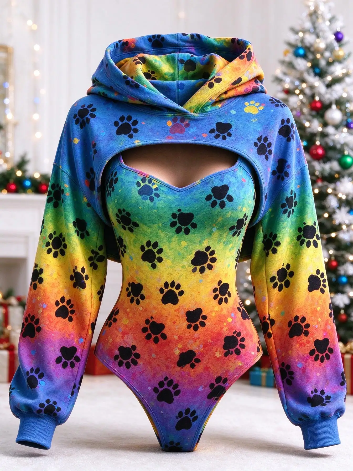 Women 2Pcs Rainbow Gradient Paw Print Bodysuit + Hooded Shrug Christmas Costume