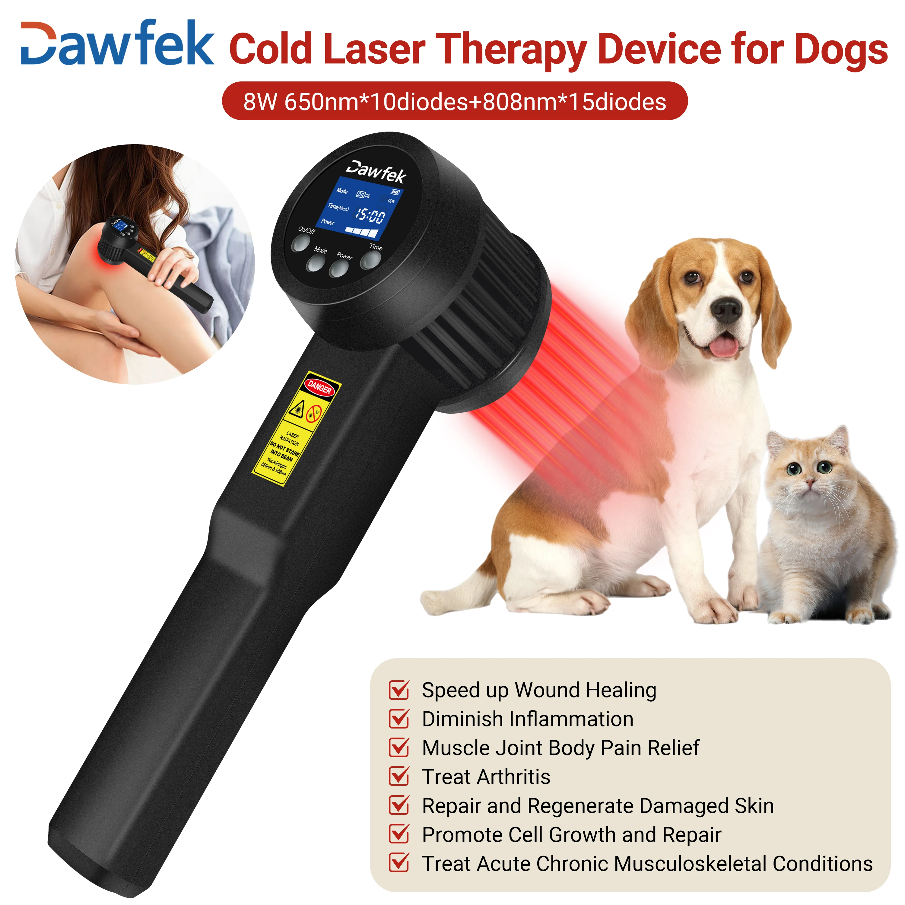 Dawfek Red Light Therapy Lights 15X808nm 10X650nm Infrared Light Therapy Veterinary Handhold For Acute And Chronic Pain