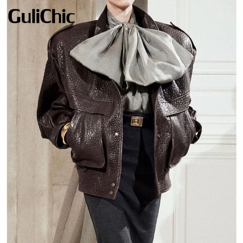 8.14 GuliChic Women\'s High Quality Fashion Design Stand Collar Vintage Genuine Leather Loose Pocket Jacket Coat