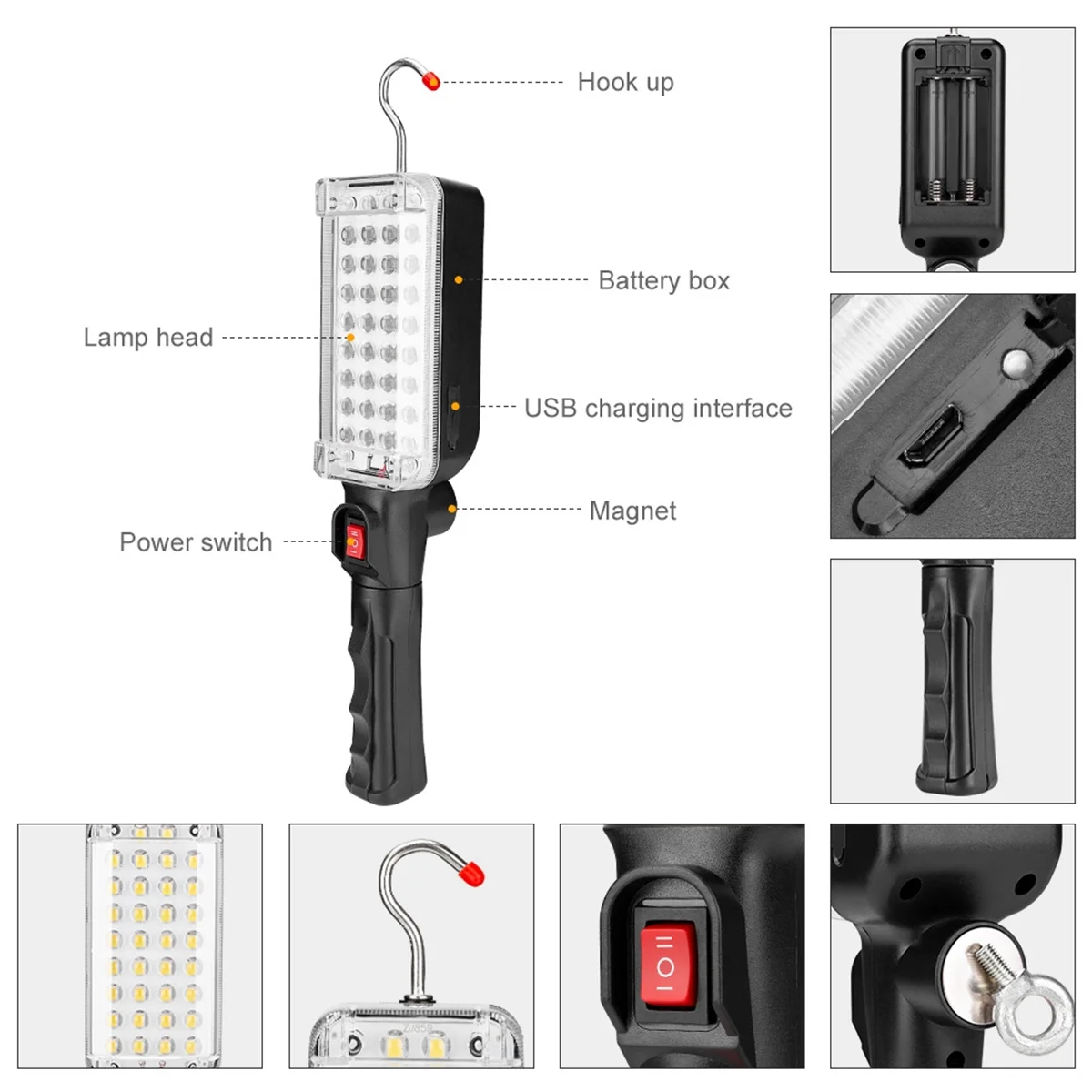 BAAU Lampada da lavoro portatile ricaricabile USB Lampada da riparazione COB con magnete e gancio Torcia da campeggio a 34 LED