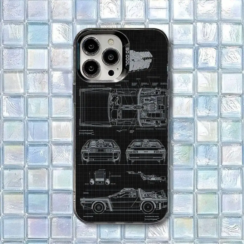 B-Back To The Future Delorean Schematische telefoonhoes voor iPhone 16,15,14,13,12,11,8,7,Pro,Max,Plus,Mini,XS,SE Zwart Matte Cover