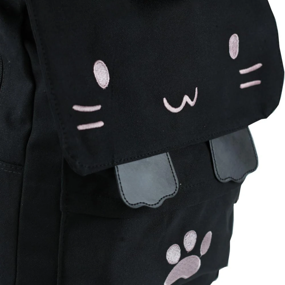 Cute Cat Embroidery Canvas School Laptop Backpack Bags For Kids Plus Size Japanese Cartoon Kitty Paw Schoolbag GirlsBoys Bookbag