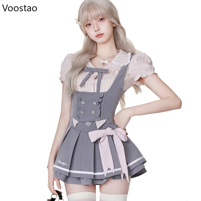 Japanese Kawaii Lolita Style Skirt Set Women Preppy Style Puff Sleeve Striped Shirt Vest Mini Pleated Skirts Suit Sweet Uniform