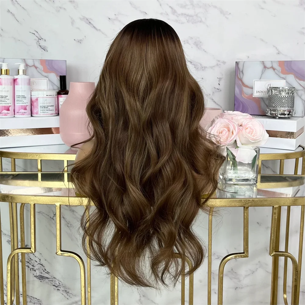 

Ombre Chestnut Brown Highlights Synthetic HD Lace Front Wig Glueless Natural Hairline Body Wavy Hair Resistant Fiber for Women