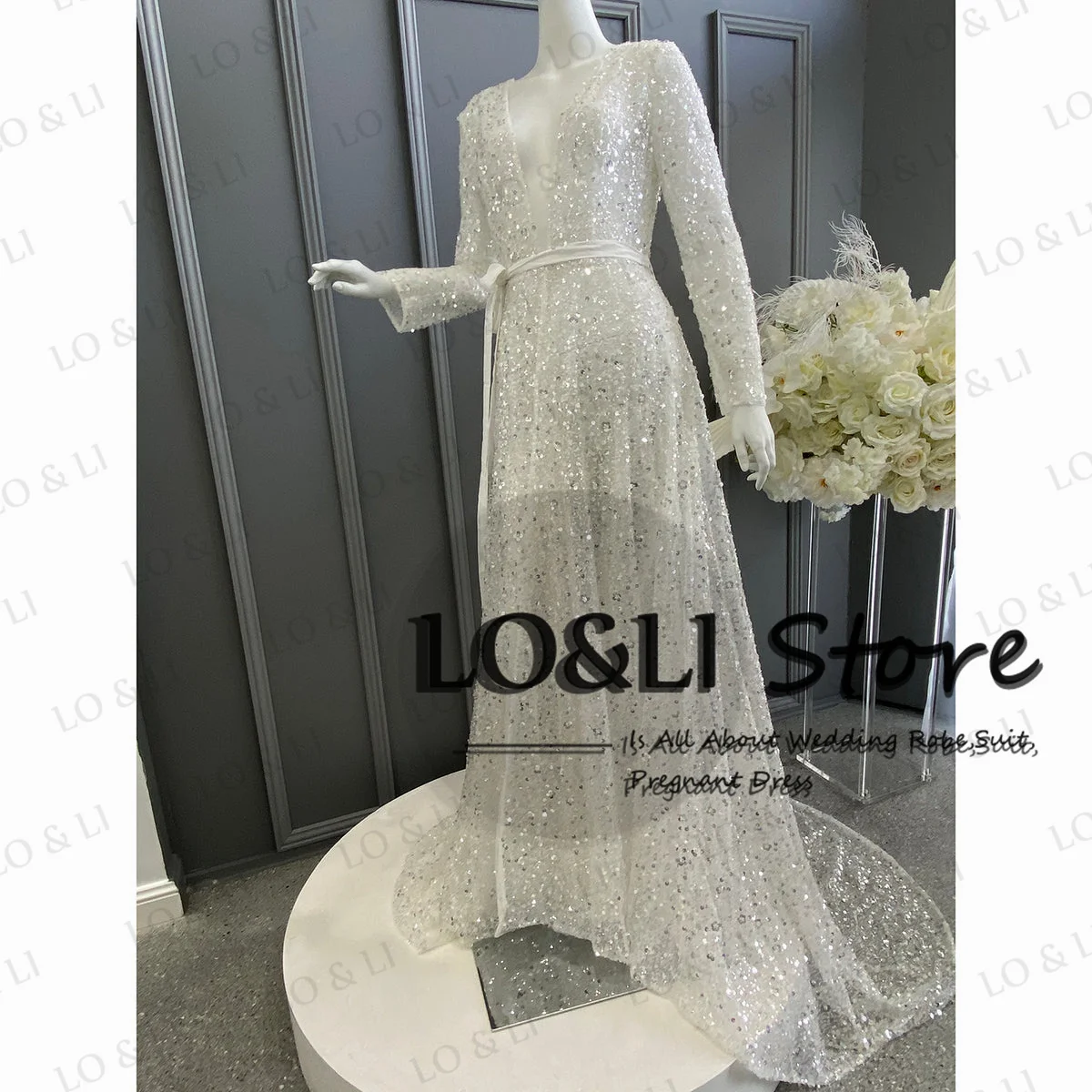 LO&LI Sequins Bridal Robe Wedding Luxury 2023 Floor Length Wedding Gown For Women Bride Customized Birthday Photo Shoot Outfit