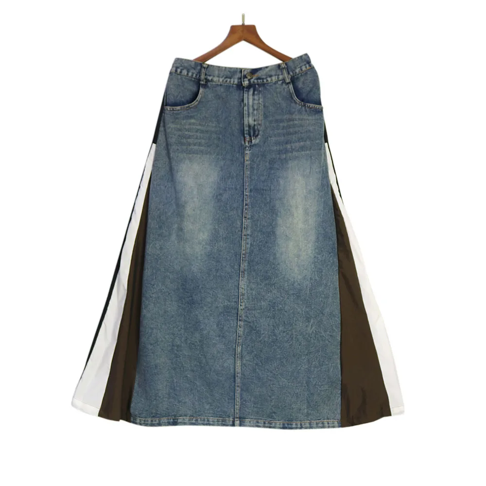 230827 Blue Denim Color-block Long A-line Half-body Skirt High Elastic Waist Women Fashion Tide New Spring Autumn 2024