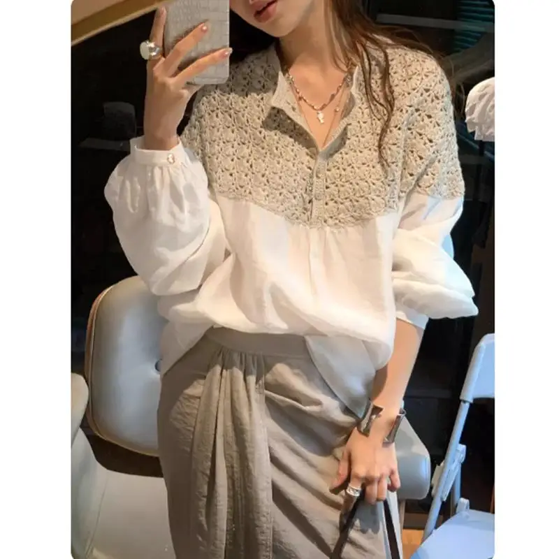

Unique Casual White Splice Shirt Women's Loose Style French Style Breathable Long Sleeve Button up Top for Autumn Season