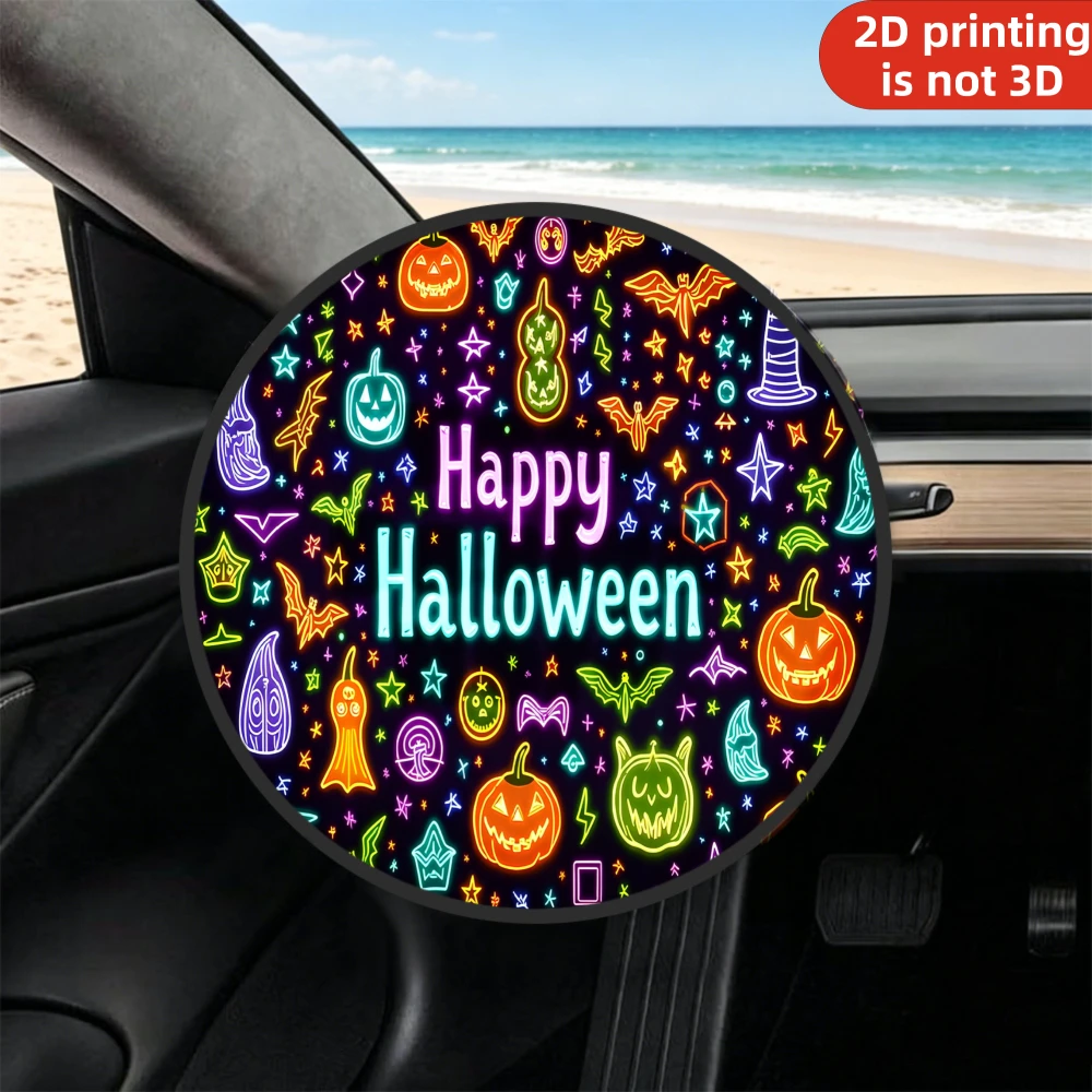 1pc Steering Wheel Cover, Happy Halloween Neon Pumpkins Bats Stars Wizards Hats Glow, Car Essential, High-Temperature Resistant