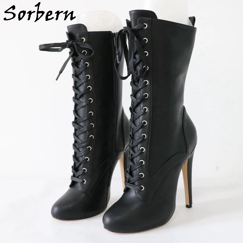 Sorbern Custom Vintage Round Toe Boots Burlesque High Heels Knee High Lace Up High Arch Shoes Wide Leg Stilettos Black Matt Boot