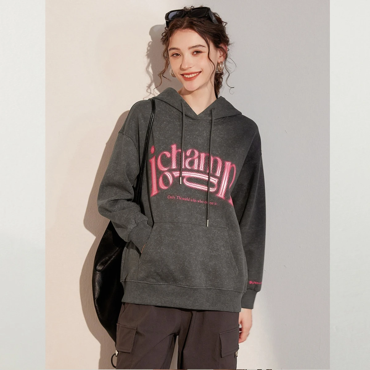 LOUIS YAO Three-dimensional Printed Long Sleeved Hoodies 2025 Autumn Washed Patterned Hooded Sweatshirt Chic Street Loose Tops