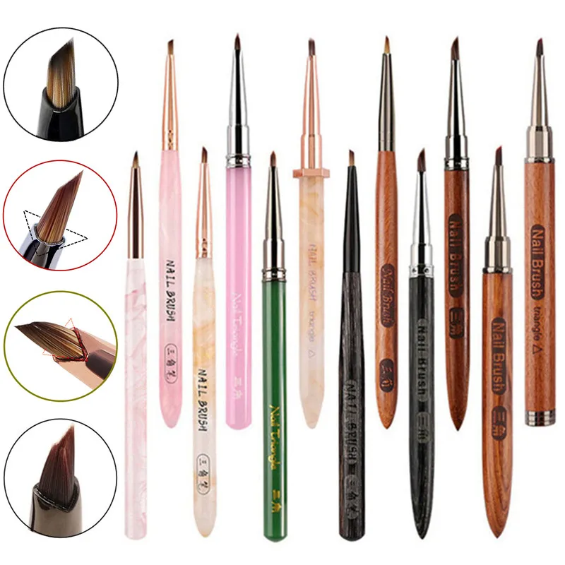 Brosse à ongles triangulaire en acrylique, 2 pièces, stylo pour poudre de manucure, manche rond en bois, pinceaux de construction de Gel
