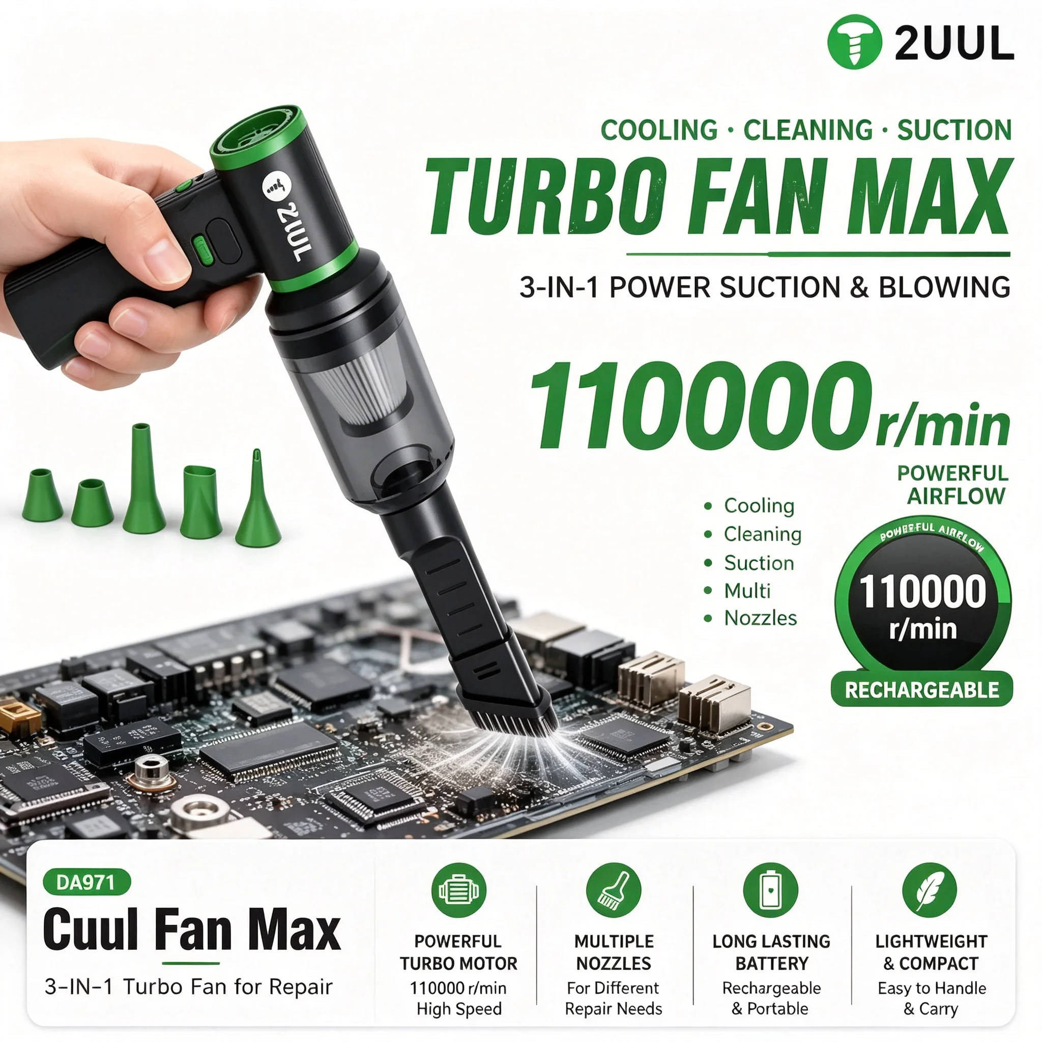 2UUL DA971 Cuul Fan Max Handheld Turbo Fan 3-in-1 Cooling Suction Blower For Phone Repair Workbench Dust & Solder Debris Clean