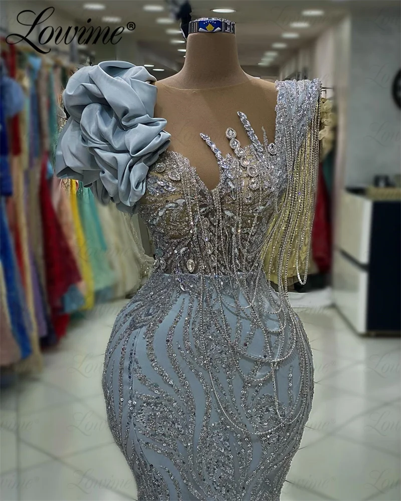 Abendkleider Luxus 2023 Silver Sequins Tassel Crystals Party Dresses Ruffles Sleeve Mermaid Customize Long Arabic Evening Dress