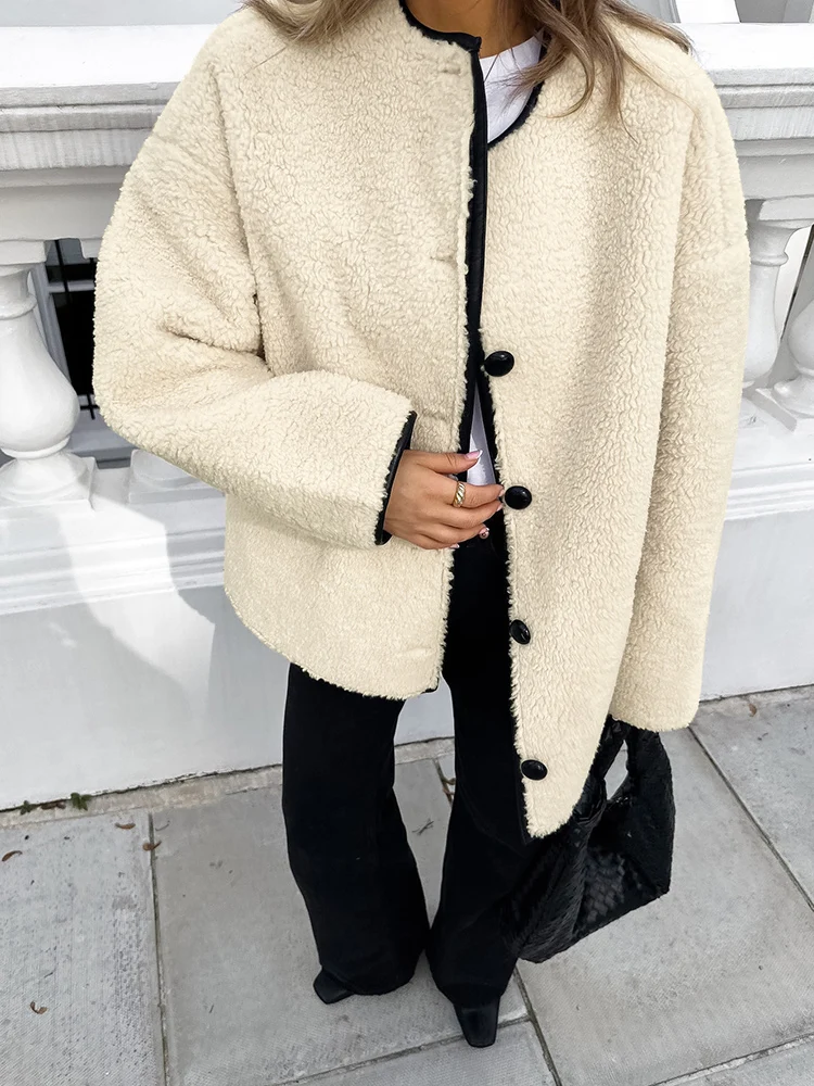 

Aynaray 2024 Winter Spring Women Office Teddy Jacket Solid Long Sleeve O-Neck Tops Coat Outwear For Women Female