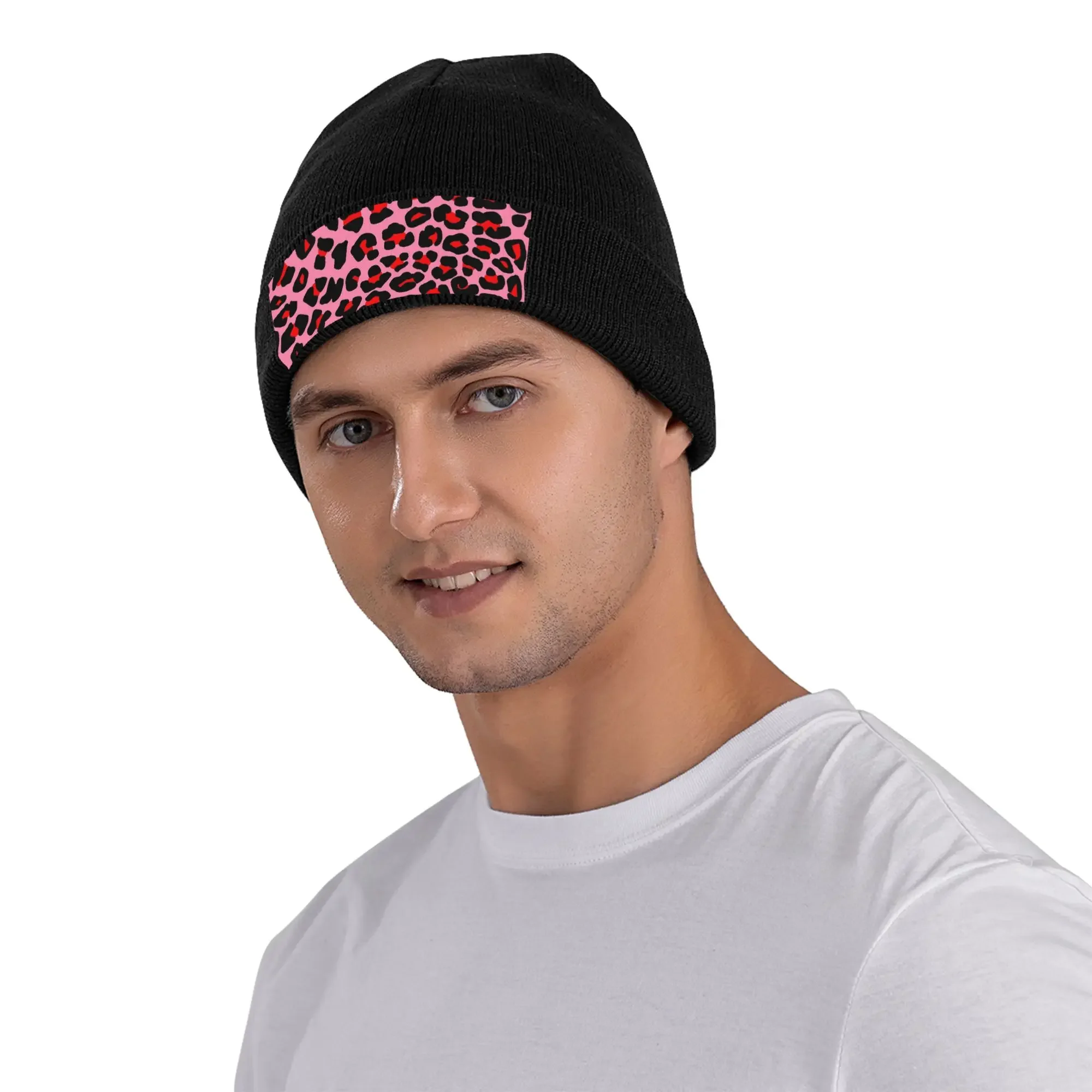 Red Leopard Print Spots on Pink Warm Knitted Cap Winter Knit Bonnet Hat Skullies Beanies Hip Hop Caps for Unisex