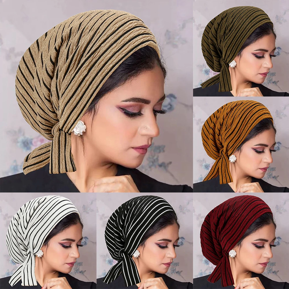 Fashion Pre-Tied Muslim Women Hijab Bonnet Trendy Stripe Pleated Underscarf Turban Chemo Cap Ladies Head Wrap Cover Hijab Scarf