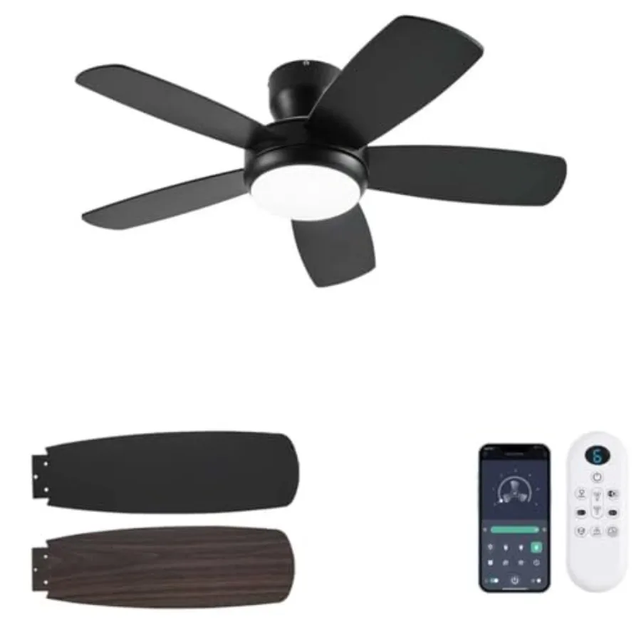 

Ceiling Fan with Light and Remote/App Control, Low Profile Ceiling Fans with Lights, Flush Mount, Double-sided Blades, 3CCT, Di