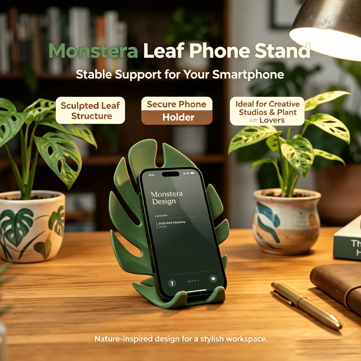 3D Printed Monstera Leaf Phone Stand Anti-toppling Support Desk Bedside Table Creative Leaf Shape Mobile Phone Holder