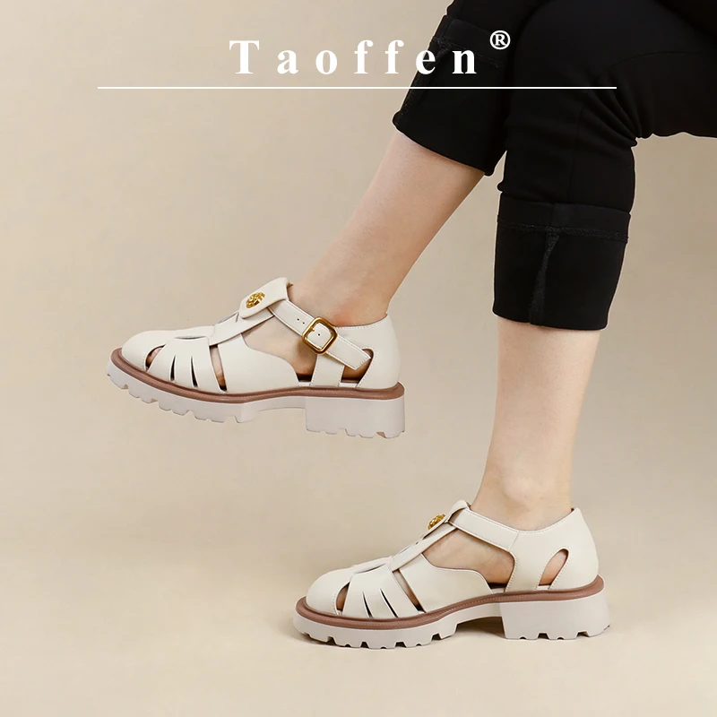 Taoffen Women\'s Sandals Genuine Leather Roman Hollow Weave Flats Sandals Ladies Cover Toe Buckle Strap Casual Handmade Shoes