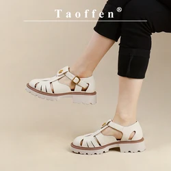 Taoffen Women's Sandals Genuine Leather Roman Hollow Weave Flats Sandals Ladies Cover Toe Buckle Strap Casual Handmade Shoes