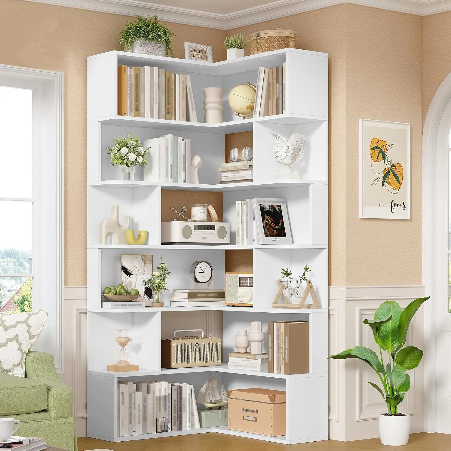 6-Tier Corner Bookshelf 31.5x31.5 Inch Storage Display Rack Home Office, Customized