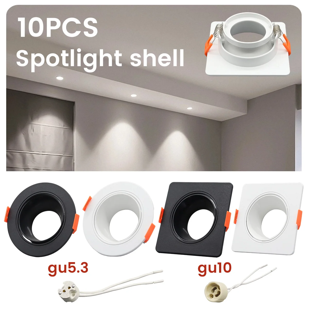 

10PCS Square Embedded Adjustable ceiling spotlight kit White Black round light kit gu10 gu5.3 base cearmic lamp holder