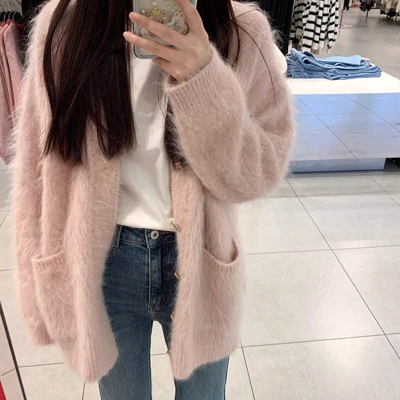 

New 2024 Autumn Winter Soft Mohair Knitting Cardigan Coat French Lazy Women V Neck Color Buttons Warm Pockets Sweater Jacket