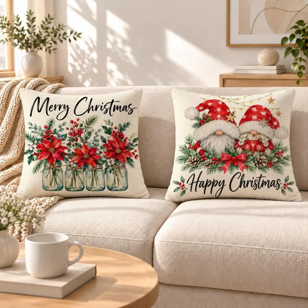 Holiday Farmhouse Watercolor Christmas Cushion Cover Soft Short‑Plush Pillowcase, Sofa Bedroom Home Decor, Holiday Gift