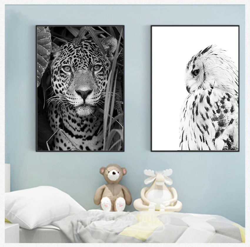 White Wall Art Nursery Canvas Painting Pictures for Living Room Home Decor Jaguar Cow Cute Alpaca Animal Poster and Prints Black