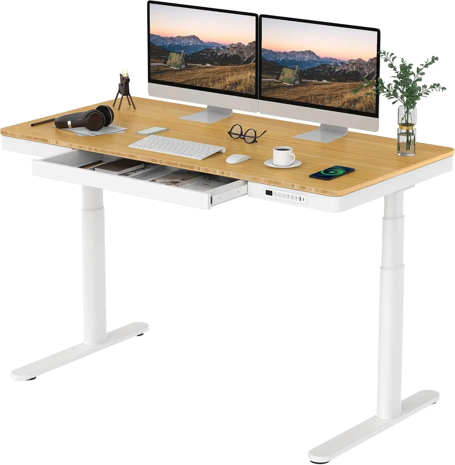 Standing desk with drawers, dual motor 3-stage electric height Adjustable Home desk with storage and wireless charging