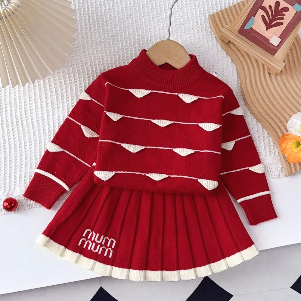 Red Christmas Sweater Suit Autumn Winter Long Sleeved Striped Knitted Top+Letter Printed Short Skirt 2-piece Set Girl Clothes