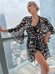 Leopard Print Short Nightgown Mesh Kimono Sheer Bath Robe Sexy Bathrobe Peignoir Femme Wedding Bride Bridesmaid Robe