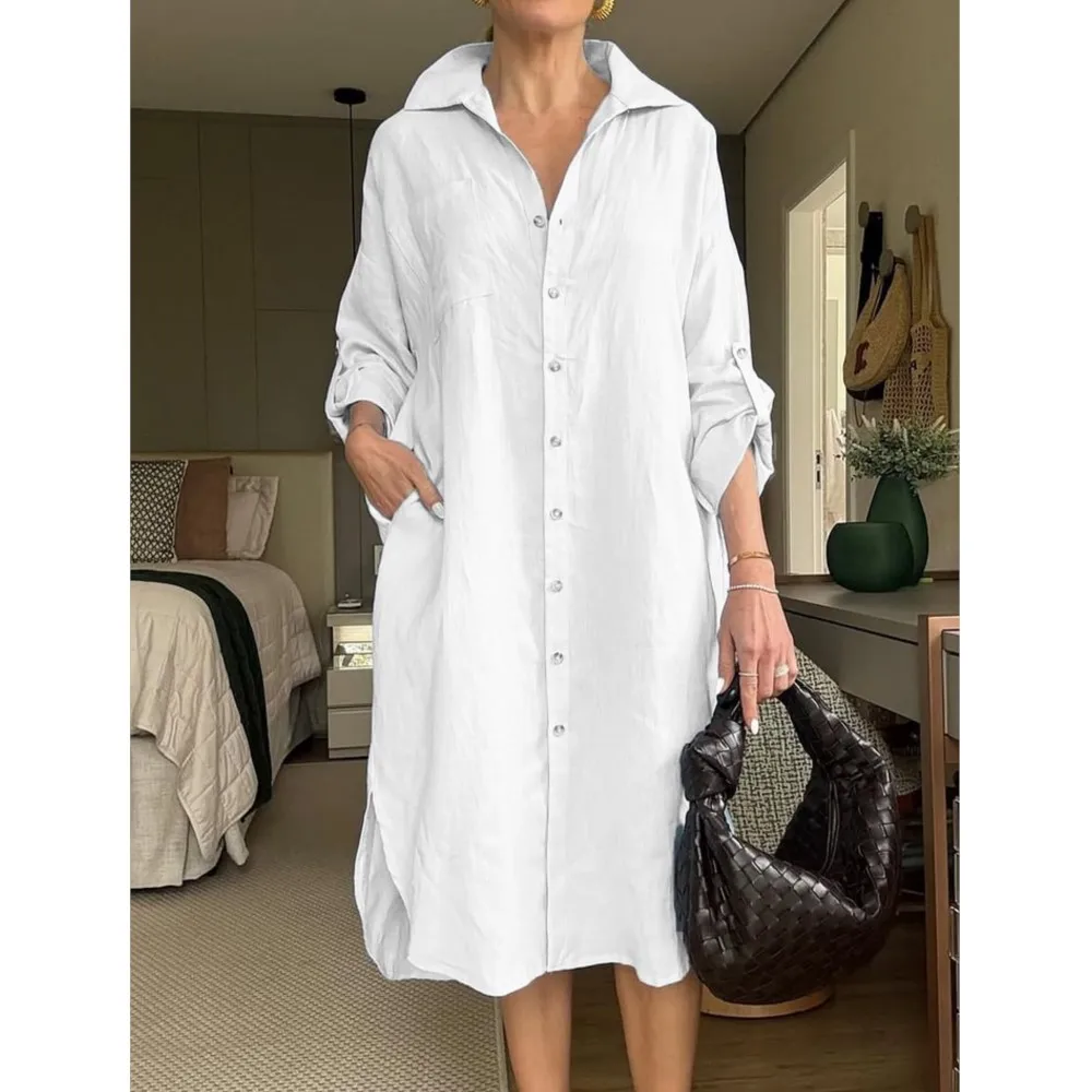 Casual Solid Color Loose Shirt Long Sleeved Women's Dresses New Spring Summer Fashion  Bagged Roll Sleeves Cardigan Female Dress