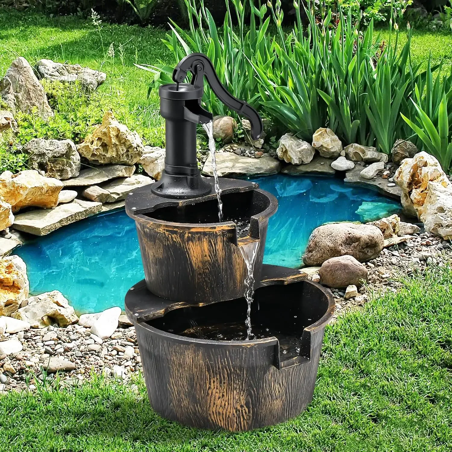 Water Fountain Outdoor Waterfall Barrel, 2-Tier 27-Inch Barrel and Pump Waterfall Fountain W/Realistic Faux Wood Barrels & Pump