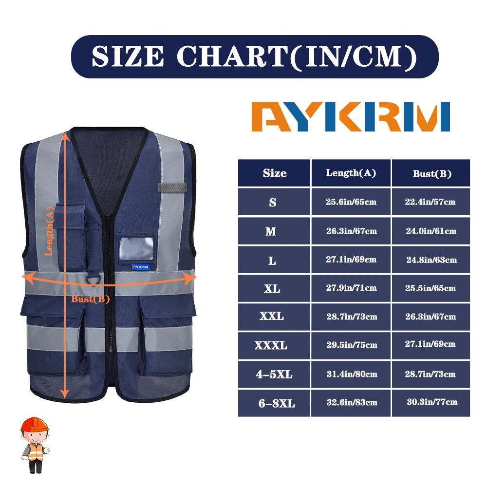 AYKRM 21 Colour （XS-8XL) Hi Vis Viz High Visibility Reflective Zip Pocket Security Waistcoats Jacket Workwear Vests