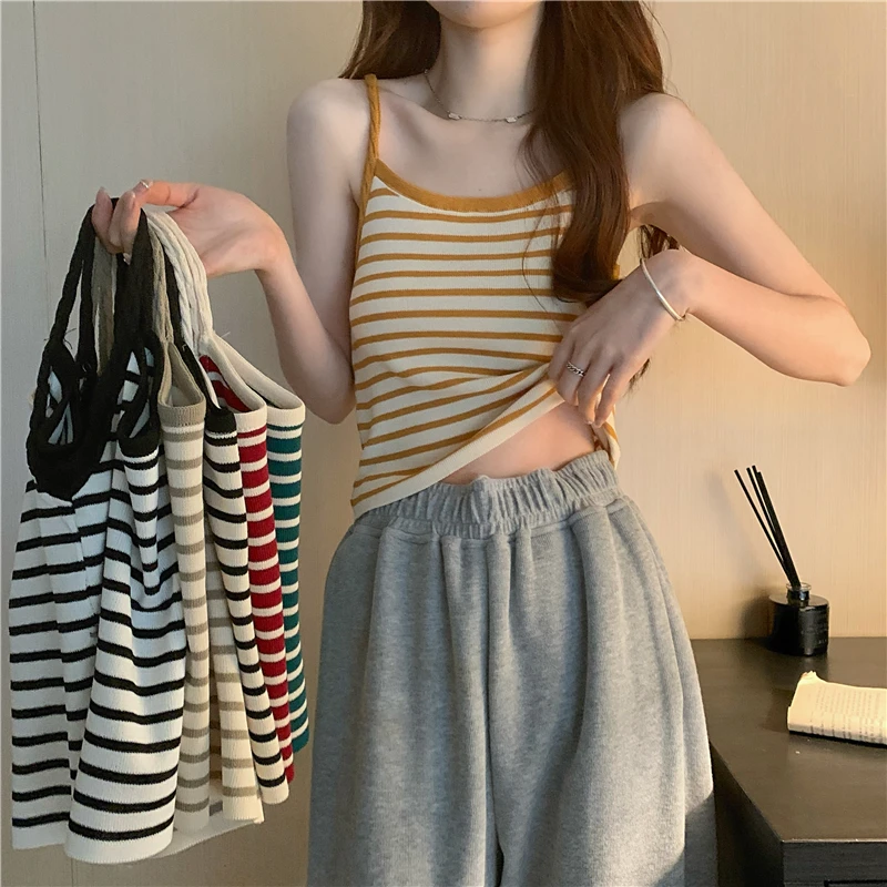 Summer Thin Knitted Camisole Girls Stripped Camis Crop Top Woman High Stretchy Sleeveless Tee Shirts