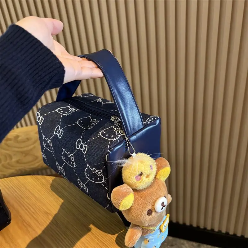 헬로 키티 데님 핸드백 Sanrio Anime Wash Bag 대용량 메이크업 케이스 휴대용 토트 패션 가방 여성용 배낭 선물
