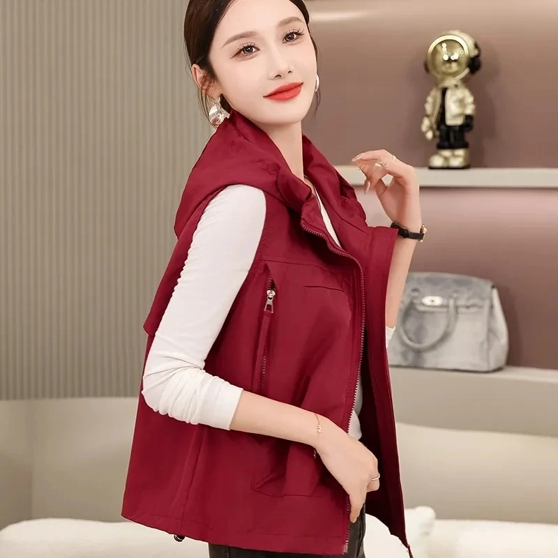 

Casual Vest Jacket for women 2025 Spring Autumn New Loose Hooded Sleeveless Coat Solid Women Zipper Short Vest Outwear top