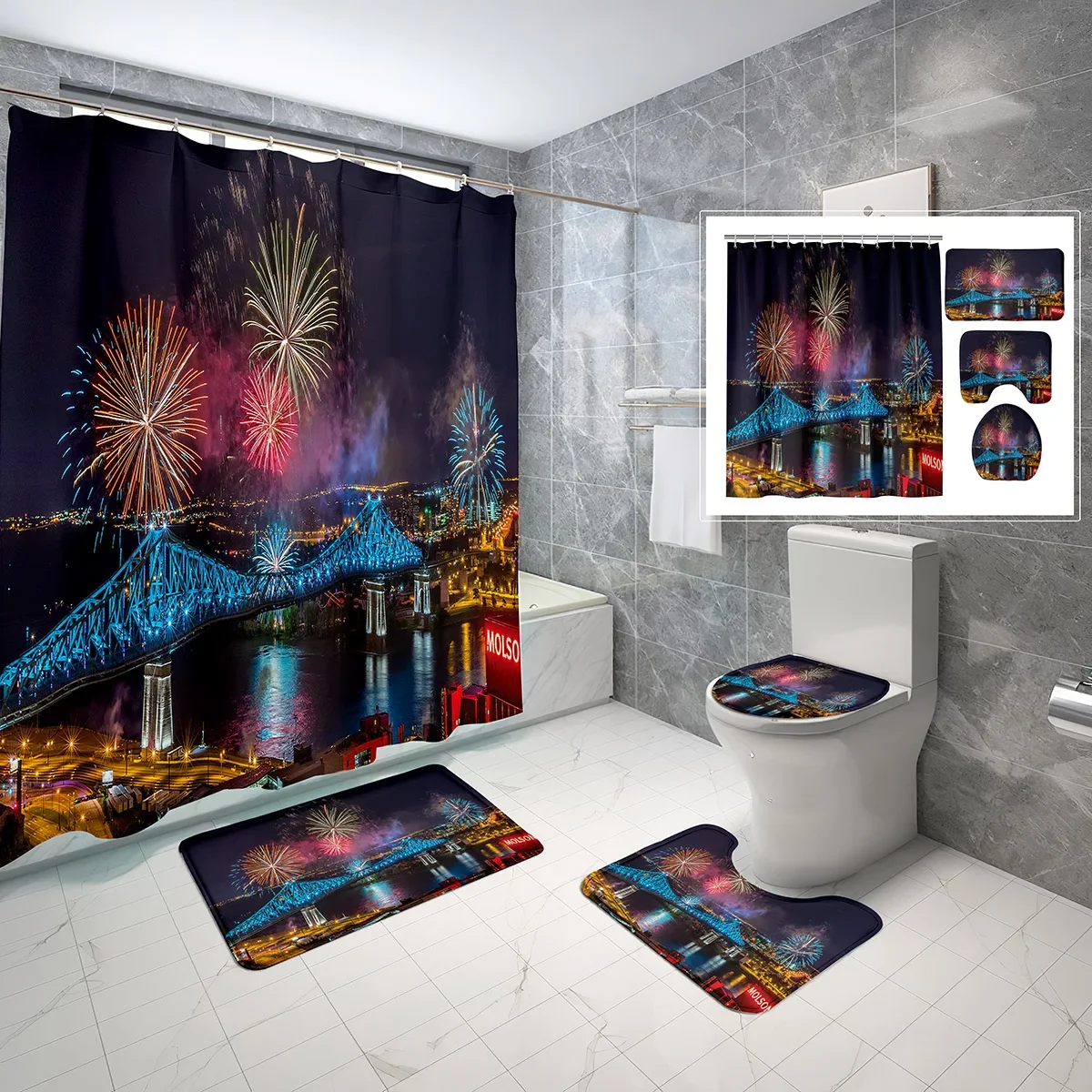 4 Pcs Fireworks Shower Curtain Sets with Toilet Lid Cover and Bath Mat Holiday Fireworks Kids Teens Bath Curtain Bathroom Sets