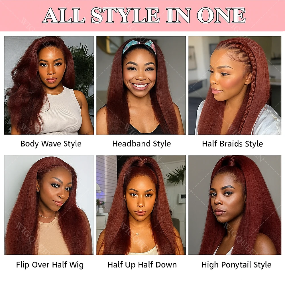 Peruka z ludzkich włosów Yaki Straight, czerwono-brązowa, peruki typu lace front 13x4, peruki z ludzkich włosów typu lace 4x4 bez kleju z kręconymi brzegami i baby hair.