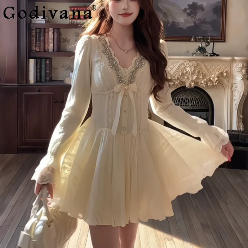 Spring Fashion Plus Size Women French Sweet Princess Dress Fashion High Waist A-line Elegant V Neck Party Long Sleeve Dresses
