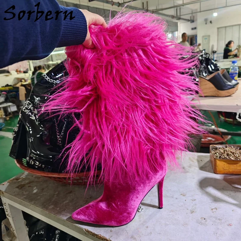 Sorbern Hot Pink Velvet Knee High Boots For Women Long Fake Furs Luxury Warm Female Boots Custom Colors