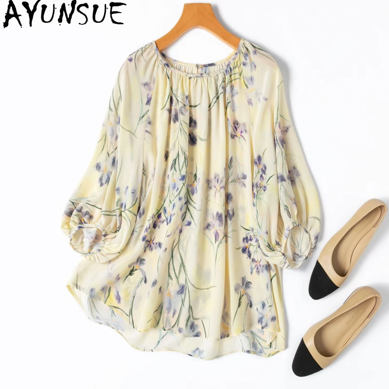 

AYUNSUE 100% Mulberry Silk Tops for Woman Lantern Sleeve Elegant T Shirts for Woman Clothes High Quality Loose Ladies Tops Femme